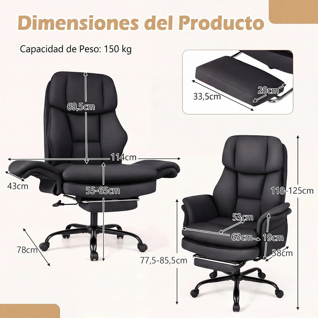 Cadeira de Escritório com Apoio para os Pés, 63-114 x 78 x 118-125 cm, Encosto Reclinável, Preto