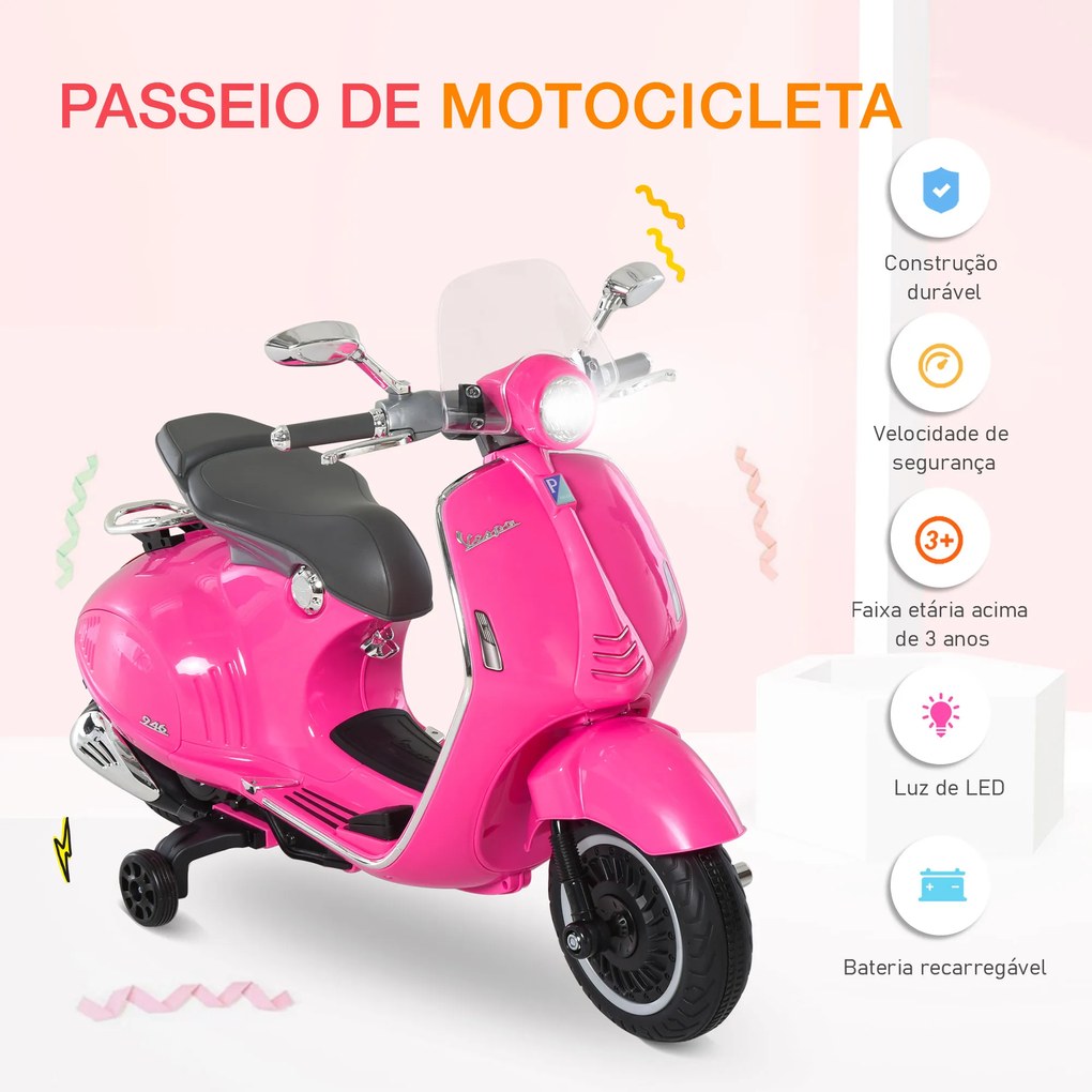 Motocicleta Elétrica Infantil VESPA acima de 3 anos com Faróis Música 2 Rodas Auxiliares 108x49x75 cm Rosa