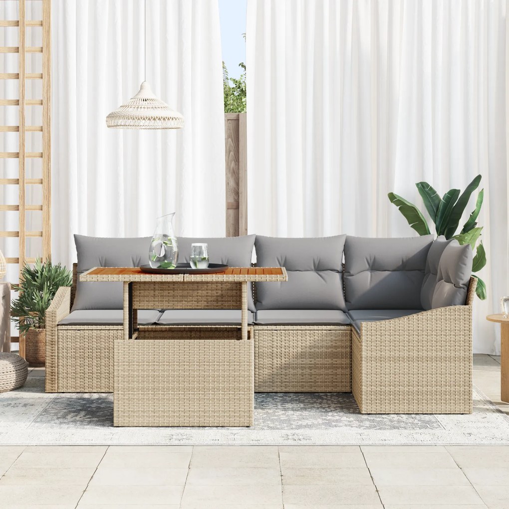 Conjunto de Sofá de Jardim 6 Peças com Almofadas Bege Rattan Polipropi