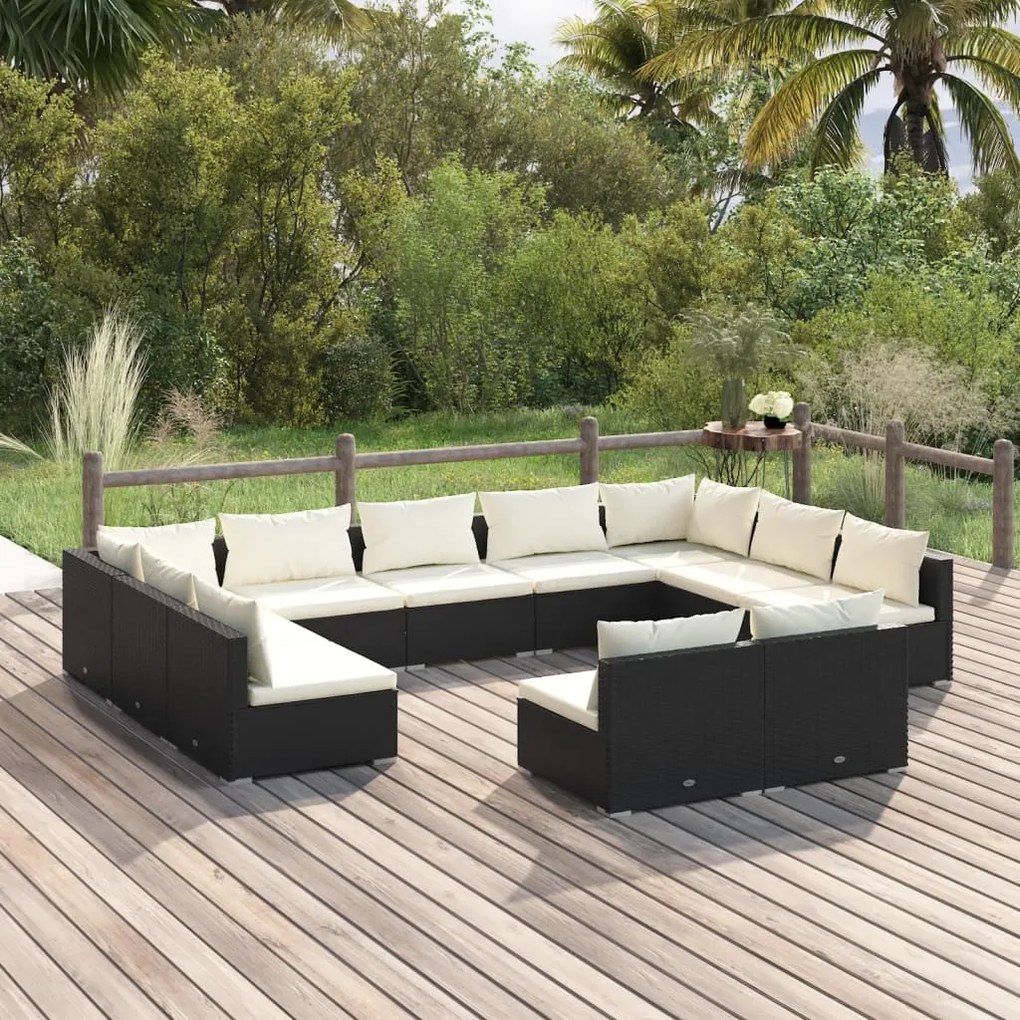 vidaXL 11 pcs conjunto lounge de jardim c/ almofadões vime PE preto