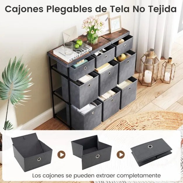 Cómoda com 9 gavetas 87 x 28 x 84 cm, estrutura metálica e cestos de tecido dobráveis para casa, cinza