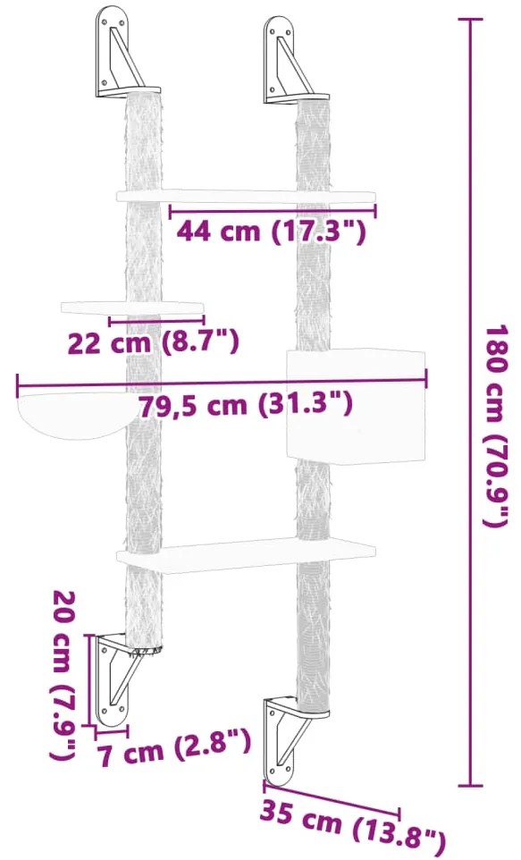 Árvore parede p/ gatos c/ poste arranhador 180 cm cinza-escuro