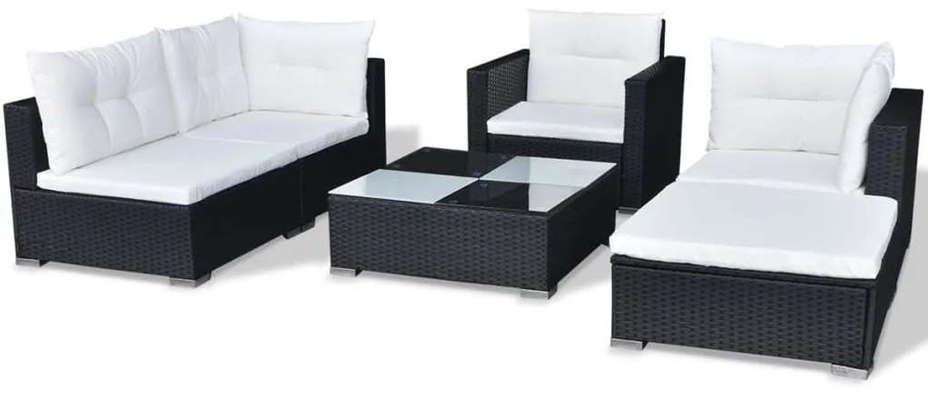 6 pcs conjunto lounge de jardim c/ almofadões vime PE preto