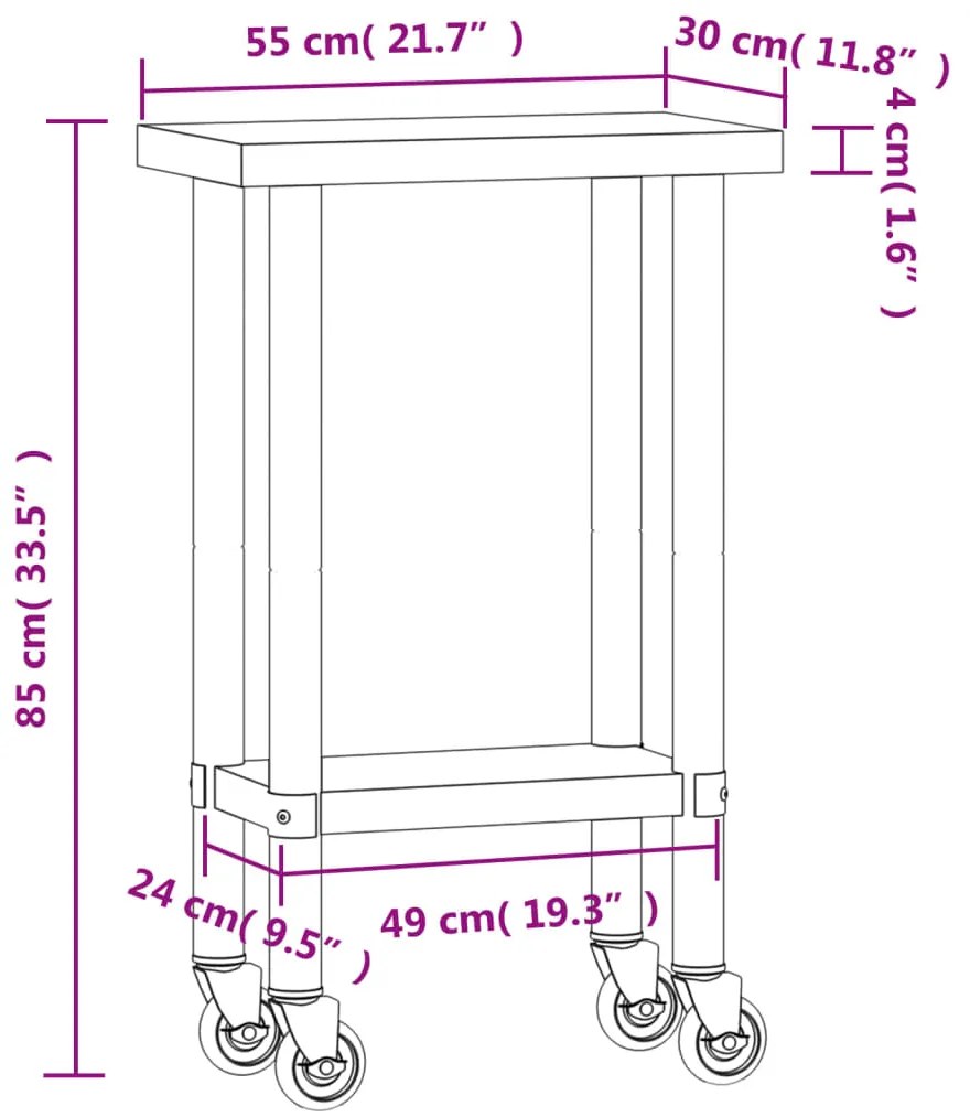 Mesa de trabalho de cozinha c/ rodas 55x30x85 cm aço inoxidável
