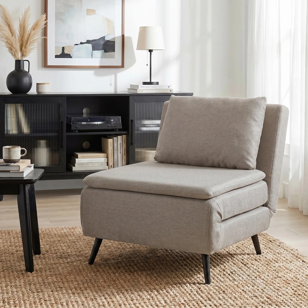 Poltrona-cama de 1 lugar, poltrona-cama 3 em 1 com encosto ajustável, almofada, assento largo, castanho claro
