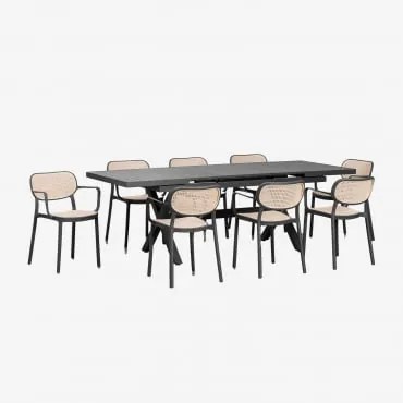 Conjunto Mesa Rectangular 180-240x90 Cm Extensível Alumínio Karena E 8 Cadeiras De Jardim Empilháveis Com Braços Omara Cinza Grafito - Sklum