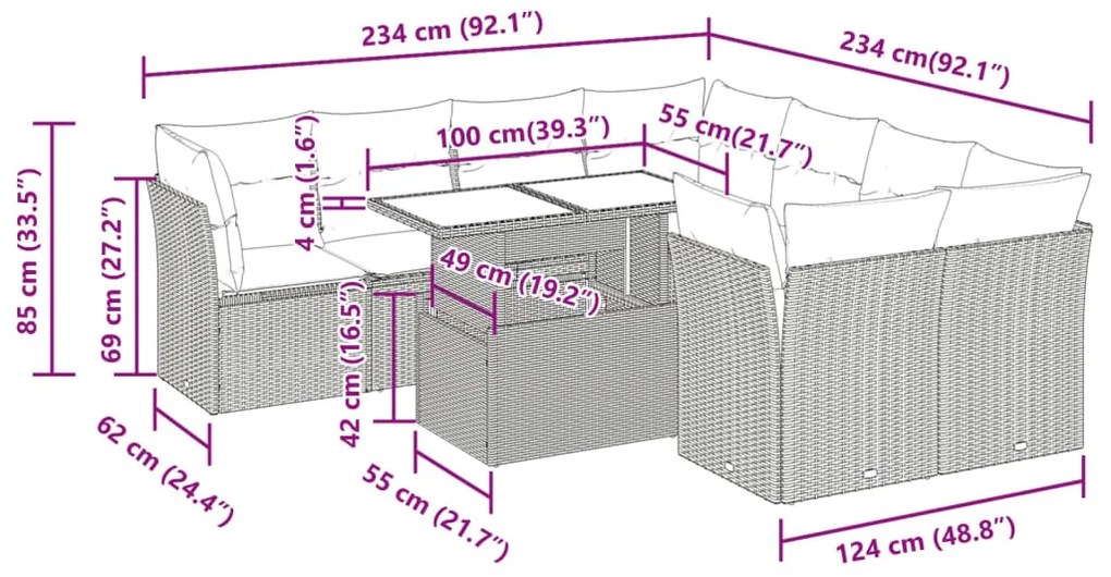 9 pcs conjunto de sofás p/ jardim c/ almofadões vime PE preto