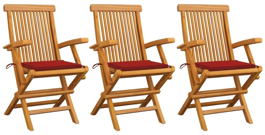 vidaXL Cadeiras de jardim c/ almofadões vermelhos 3 pcs teca maciça