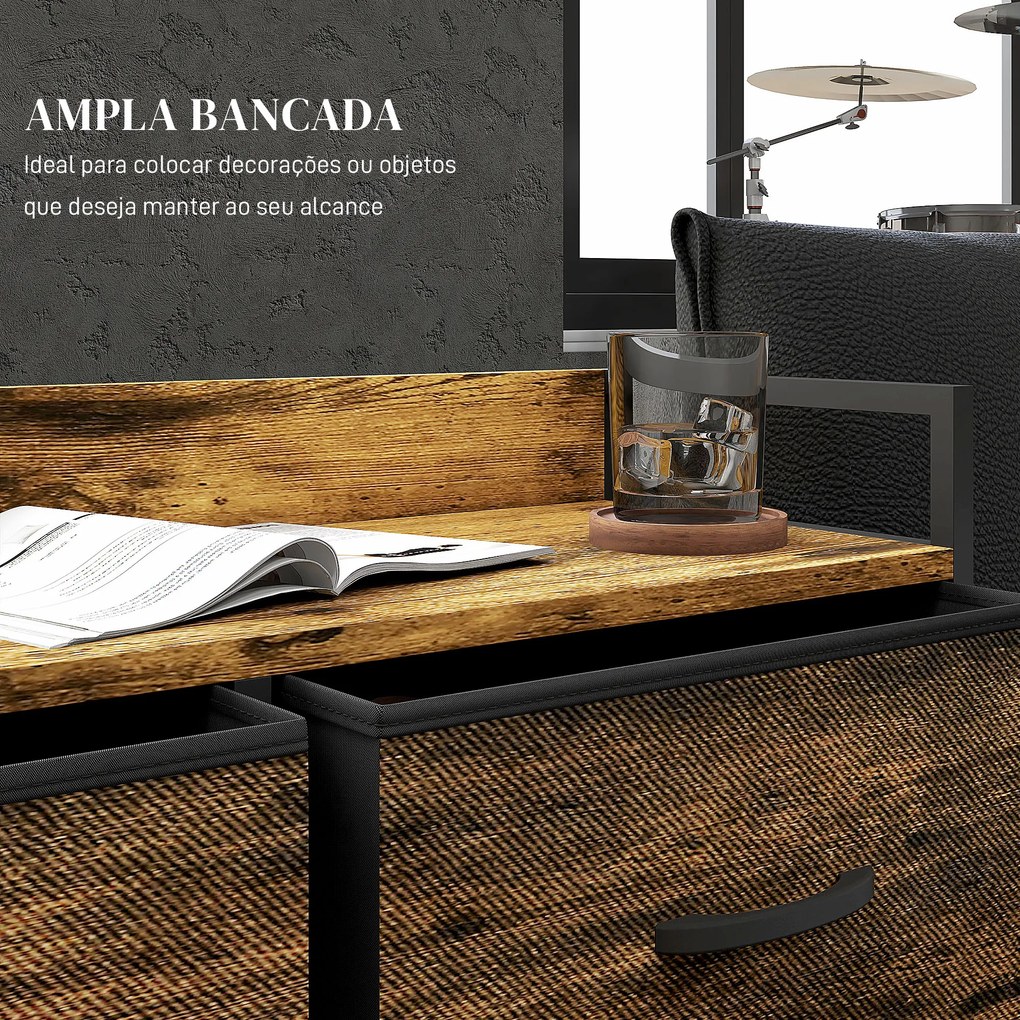 Cómoda com 6 Gavetas Dobráveis de Tecido Estrutura de Aço e Estilo Industrial 79x29x85 cm Castanho Rústico