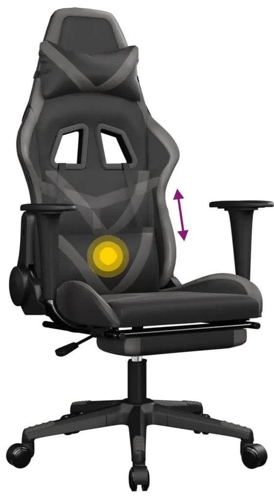 Cadeira gaming massagens c/ apoio pés couro artif. preto/cinza