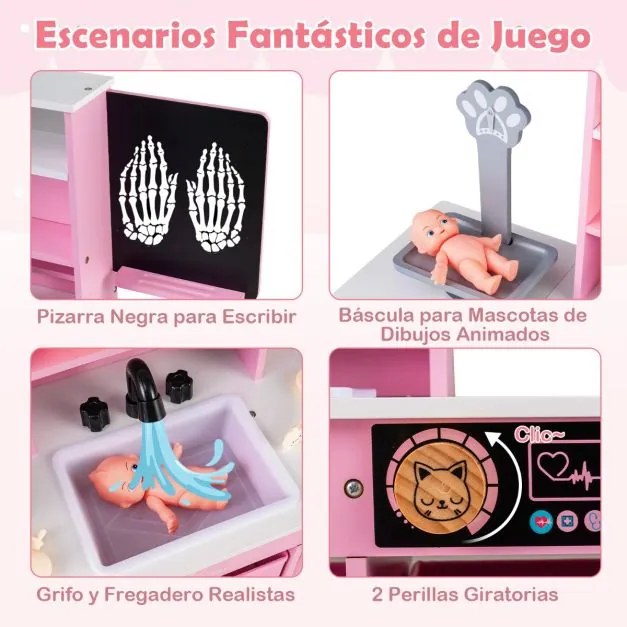 Centro Médico de Brincar de Madeira para Crianças 75 x 28 x 82 cm com Quadro Branco Balança para Animais de Estimação Torneira e Vários Acessórios Ros