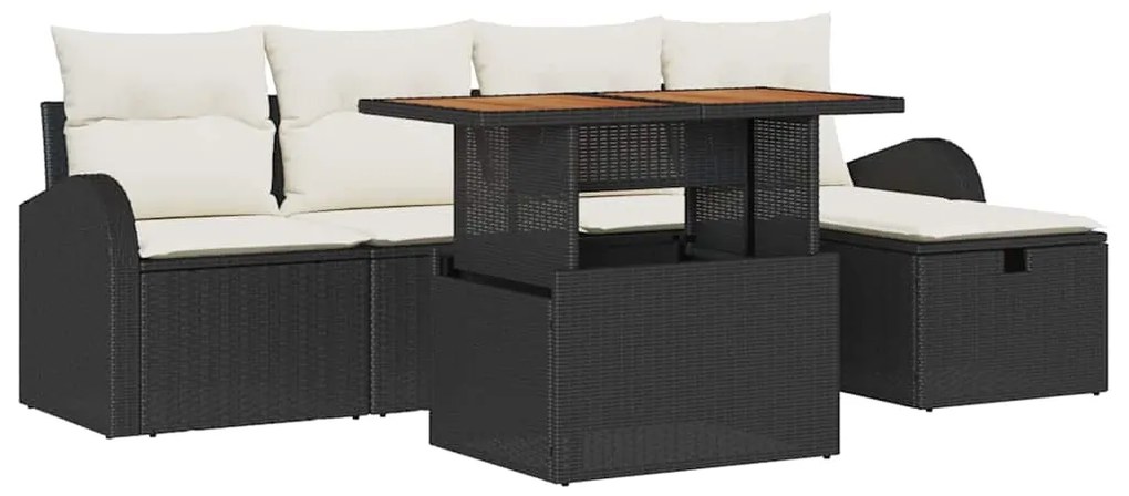 Conjunto de Sofá de Jardim 6 Peças com Almofadas em Rattan Preto