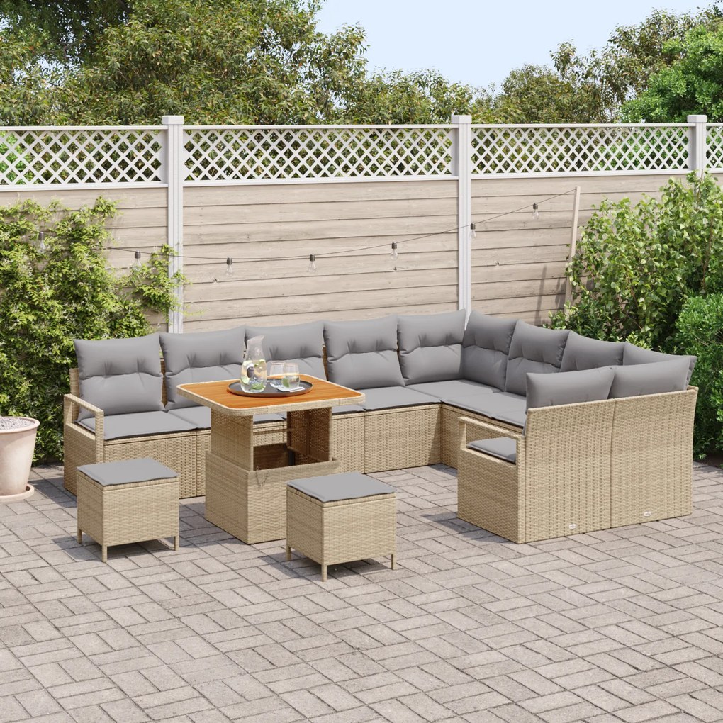 Conjunto de Sofá de Jardim de 12 Peças com Almofadas Bege Rattan Polié