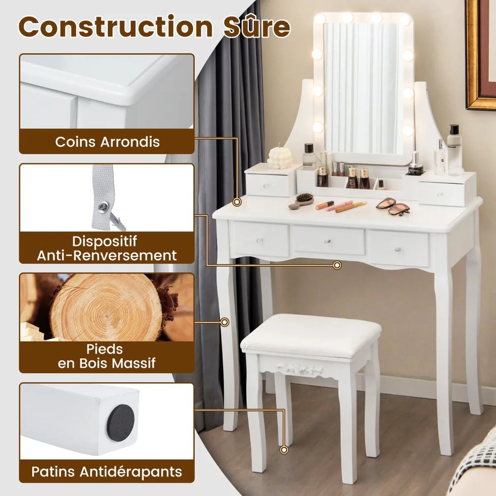 Penteadeira com iluminação LED, luminosidade regulável, 4 gavetas, preta