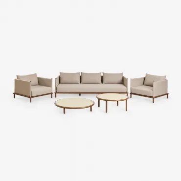Conjunto De Sala Com Sofá De 3 Lugares, 2 Poltronas E 2 Mesas De Centro Redondas Em Madeira De Acácia Olivia Beige Semoline & Castanho-acácia Escuro -
