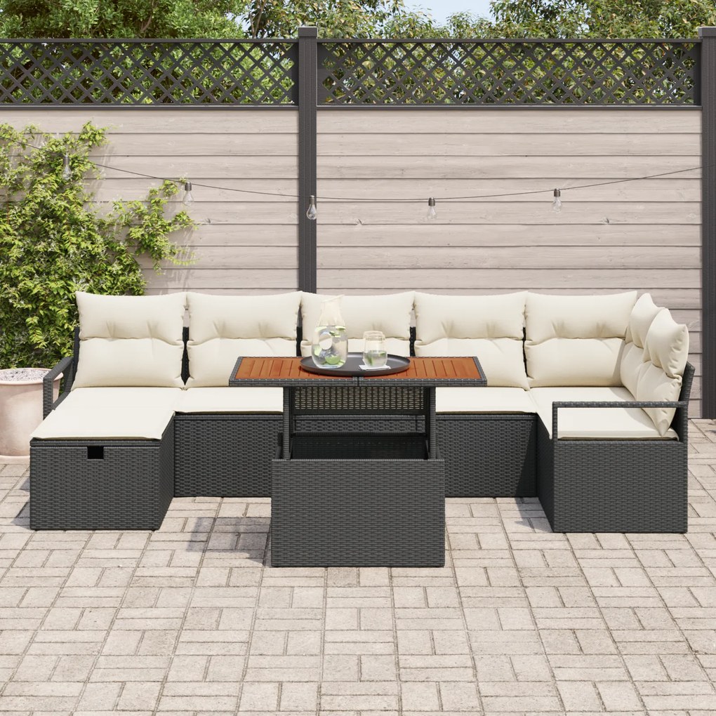 Conjunto de Sofá de Jardim com 8 Peças e Almofadas Preto Rattan