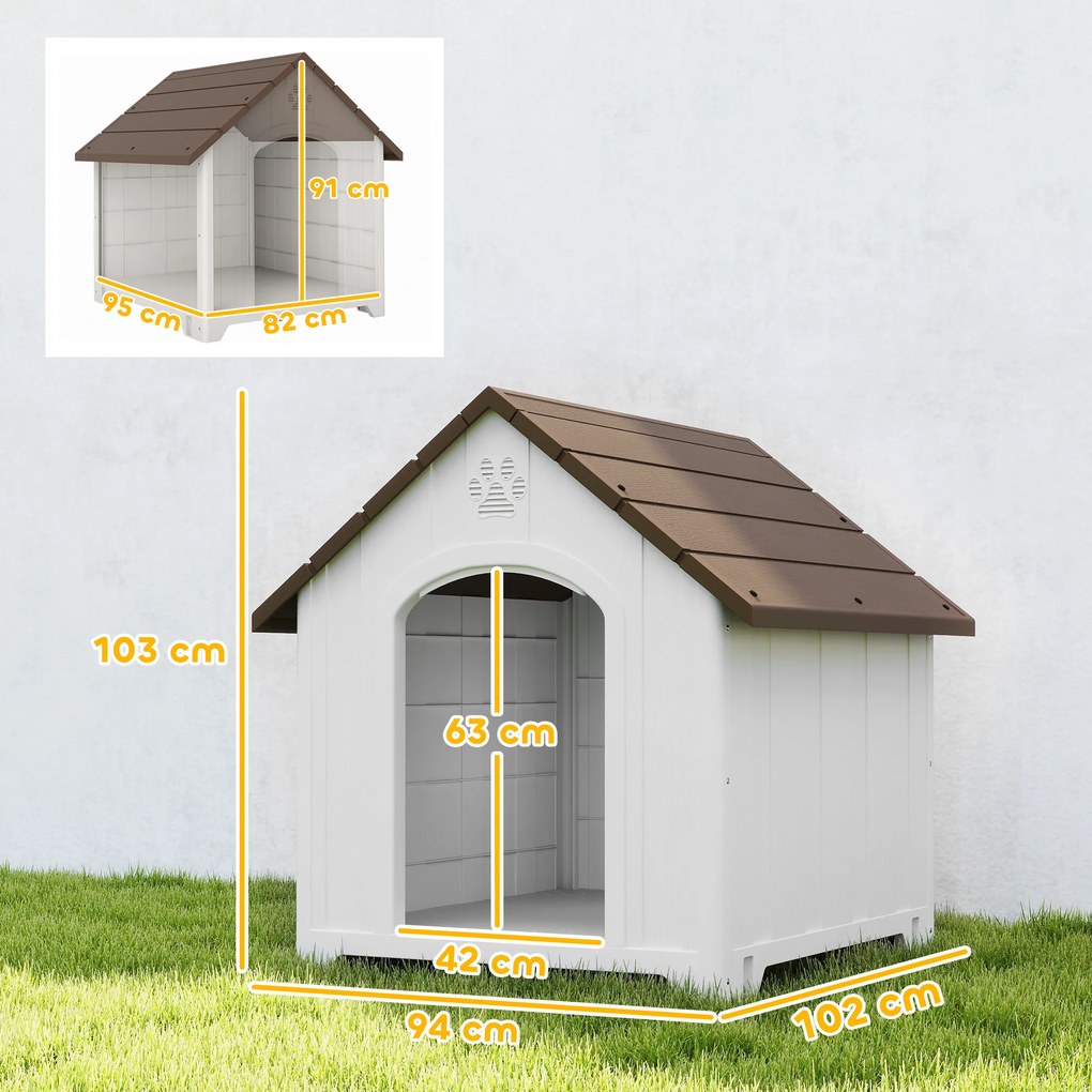 Casota para Cães de Exterior em Plástico com 2 Janelas, Base Elevada, Estacas Castanho Escuro