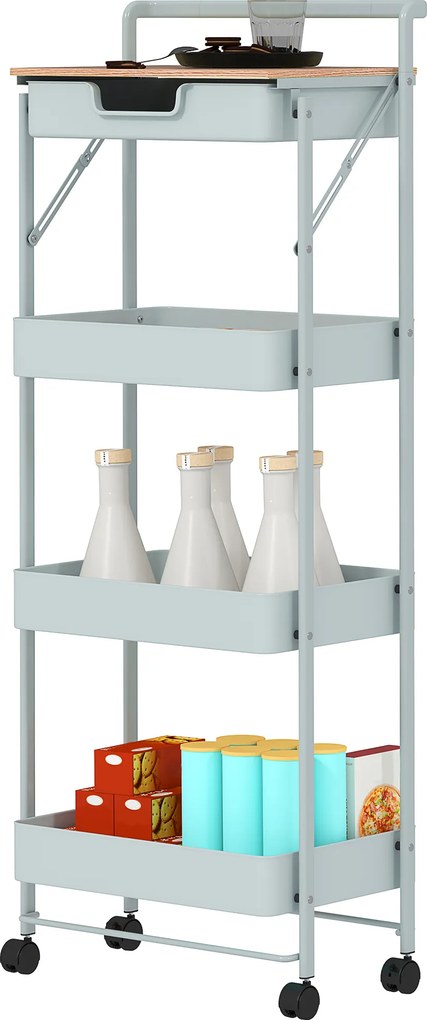 Carrinho de arrumação com rodas 45 x 29,5 x 117,5 cm, 4 níveis, com gaveta, tabuleiro e cestos, verde