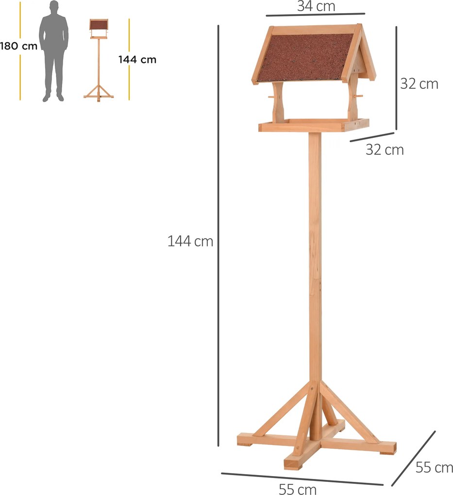 Comedouro para pássaros de exterior com suporte, teto resistente às intempéries, madeira maciça, 55 x 55 x 144 cm, madeira natural