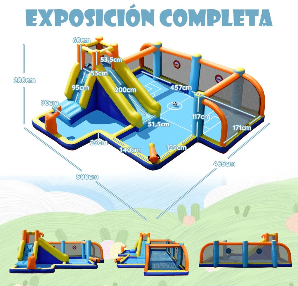 Castelo, Parque aquático insuflável com compressor 680 W infantil com tema futebol Piscina Parede para escalar 465 x 500 x 200 cm Multicolorido