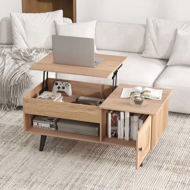 Mesa de centro 100 x 50 x 46 cm com tampo elevável e arrumação rebatível com compartimento oculto e estante para sala de estar natural