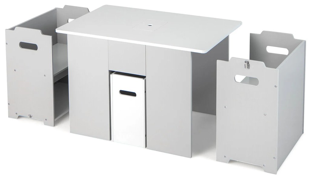 Conjunto de mesa e cadeira de madeira para crianças com armazenamento e suporte para rolo de papel - cinza