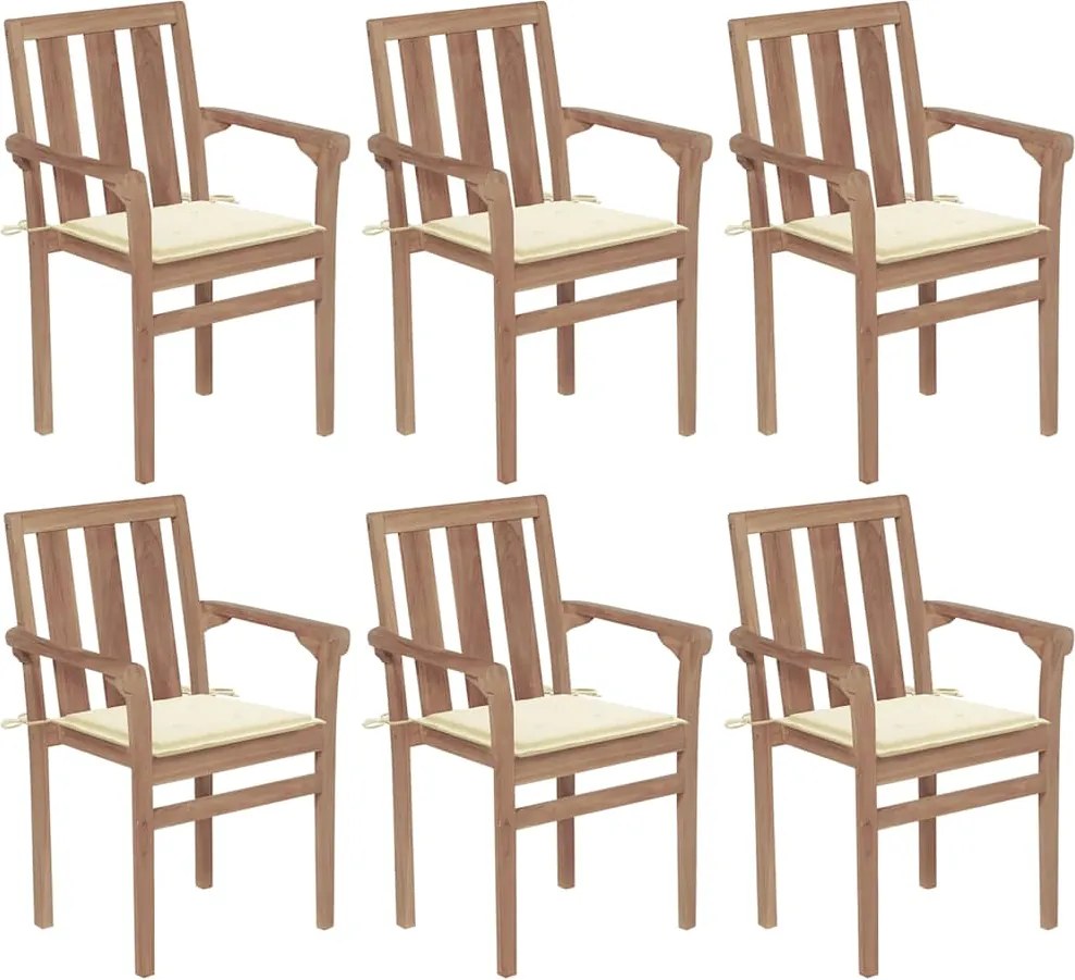 vidaXL Cadeiras de jardim empilháveis c/ almofadões 6 pcs teca maciça
