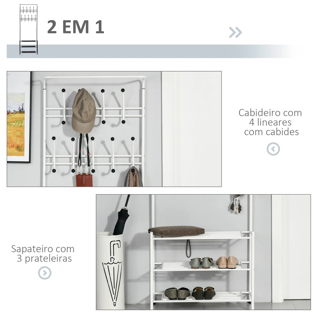 HOMCOM Móvel Cabide de Entrada com 18 Ganchos e Sapateira Armário de Entrada com Cabide com 3 Prateleiras 67x30x185cm Branco