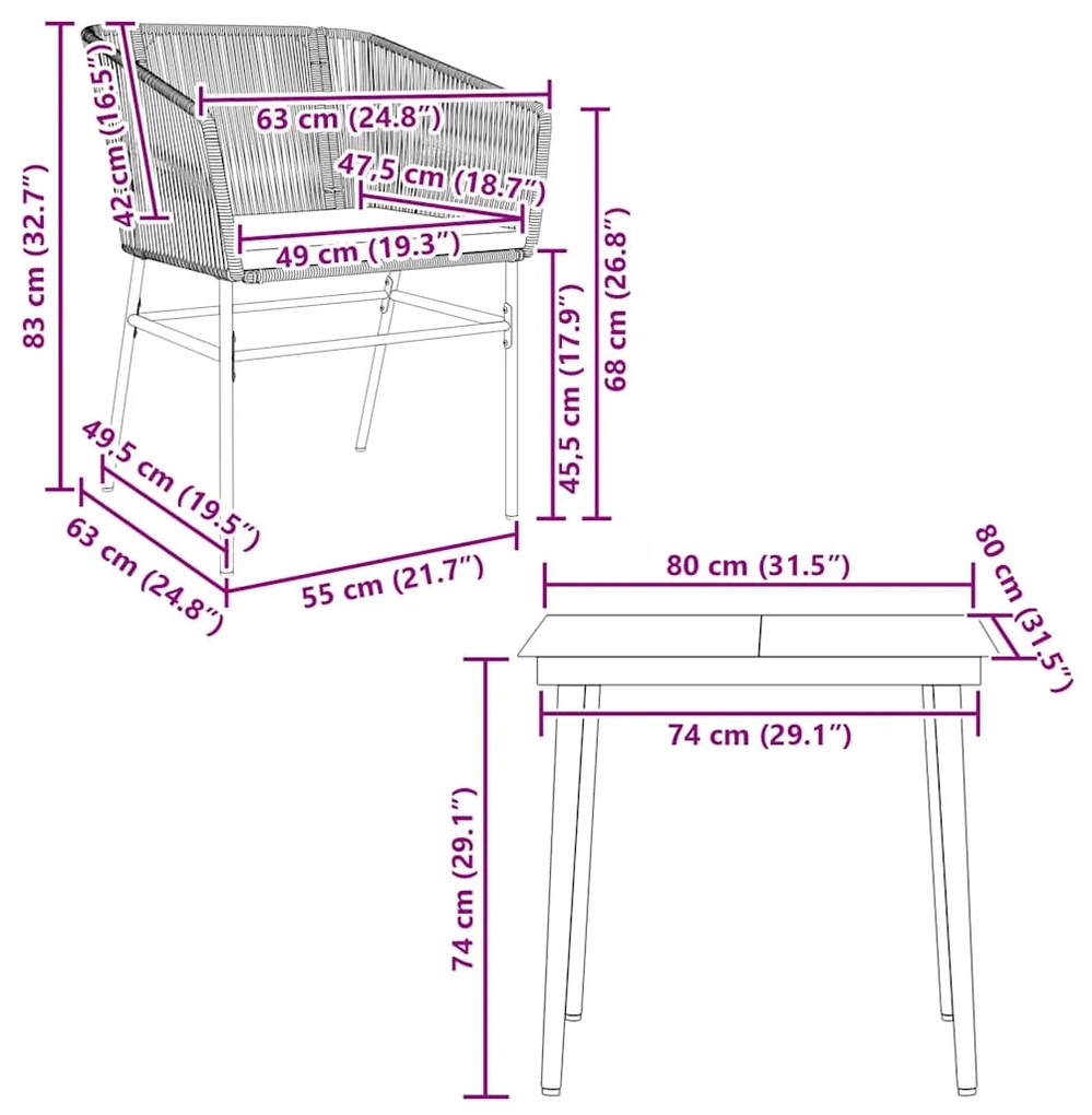 3 pcs conjunto jantar jardim almofadões vime PE vidro preto