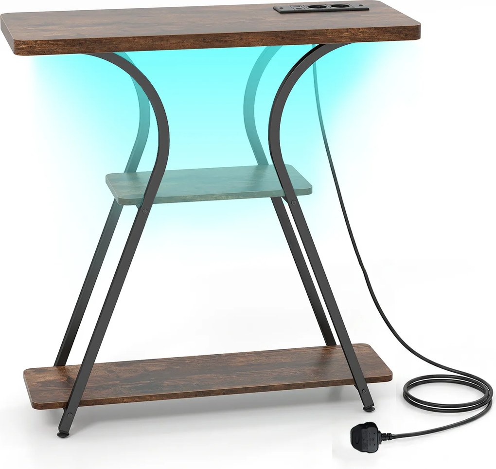 Mesa consola com luzes LED e estação de carregamento 79,5 x 30,5 x 81,5 cm, 3 níveis, estantes abertas, kit anti-tombamento, estrutura metálica, para