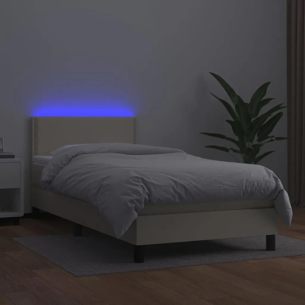 Cama box spring c/ colchão/LED 100x200cm couro artificial creme