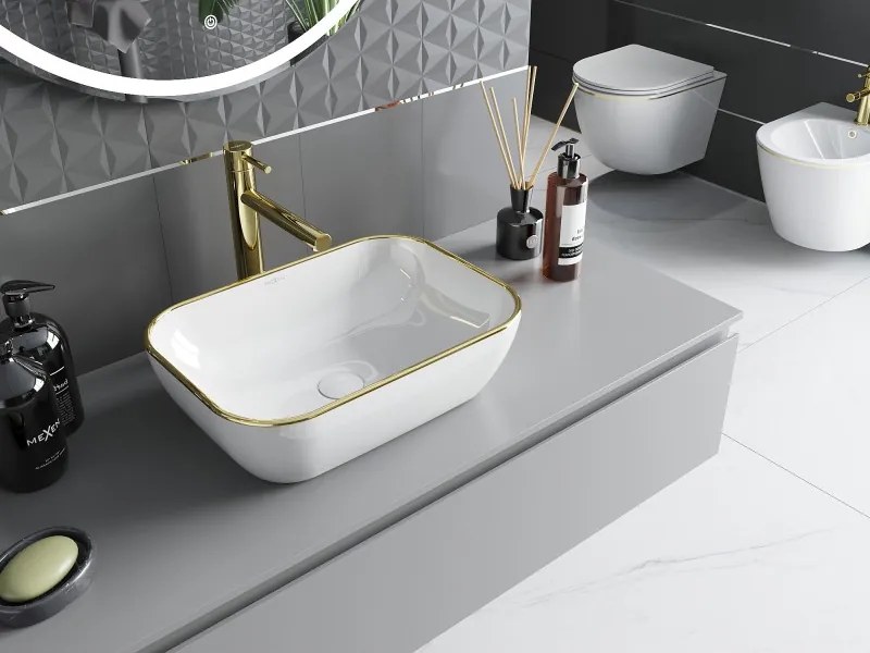 Mexen Rita lavatório de bancada 45 x 32 cm, branco/orlado de ouro - 21084505