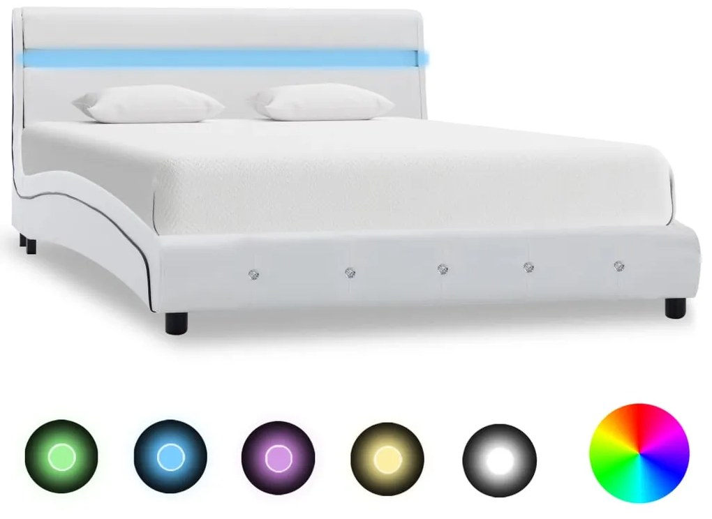 vidaXL Estrutura de cama com LED 140x200 cm couro artificial branco
