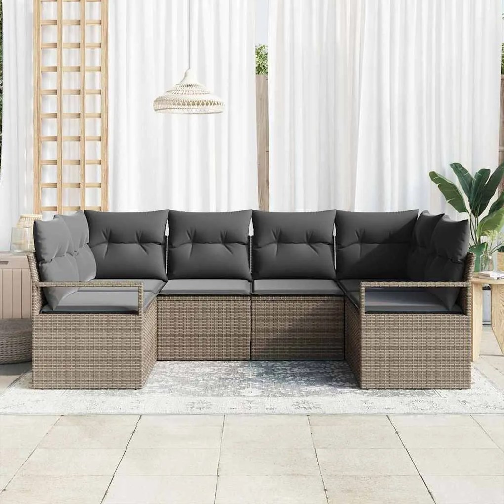 Sofá de Jardim 6 Peças com Almofadas Cinzas em Rattan