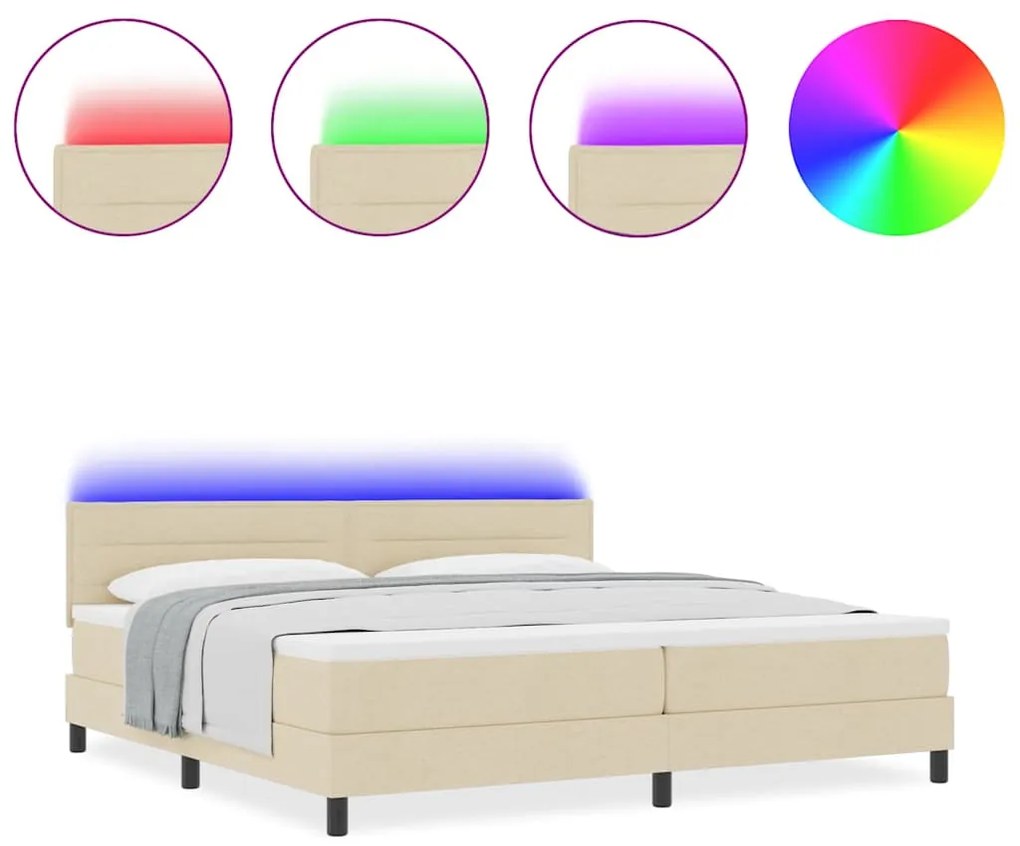 Cama Box Spring com Colchão e LED Creme 200x200 cm Tecido