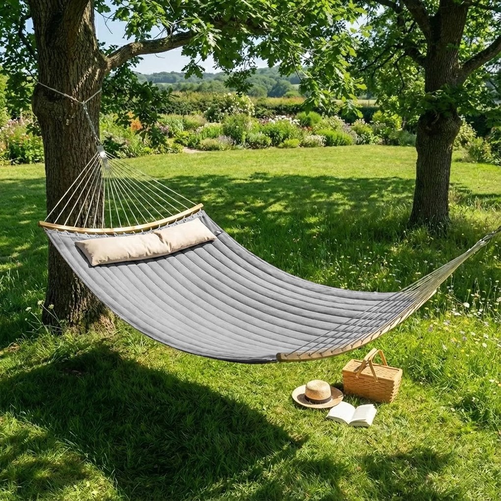 Rede dupla descanso jardim, almofadada com almofadas 200 x 140 cm (C x L) cinza-bege