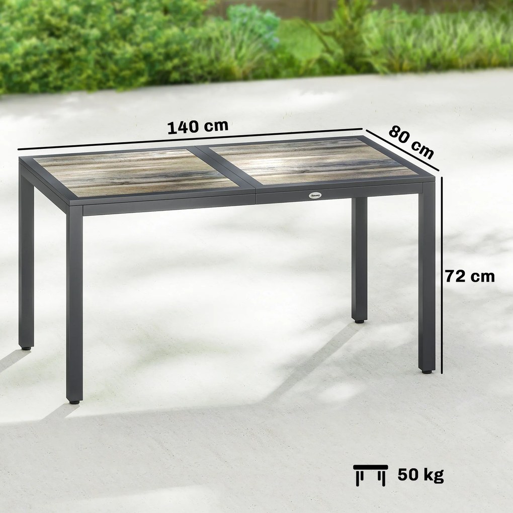 Mesa de jardim para 4 a 6 pessoas, 140 x 80 x 72 cm mesa de jantar de exterior com tampo com efeito de madeira,cinzento escuro