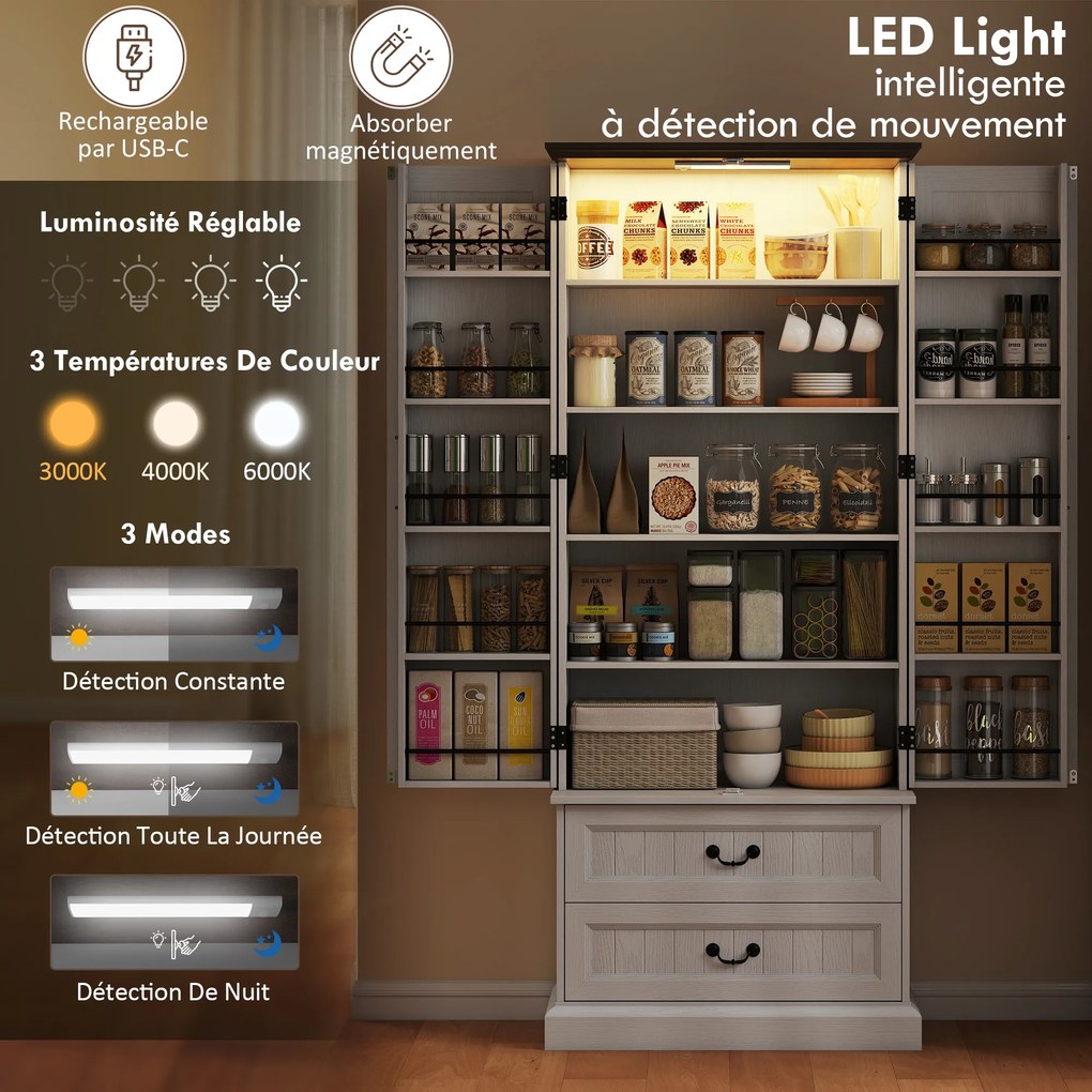 Armário alto de cozinha76 x 39,5 x 183 cm iluminação LED com sensor, 2 portas, gavetas e prateleiras ajustáveis, branco