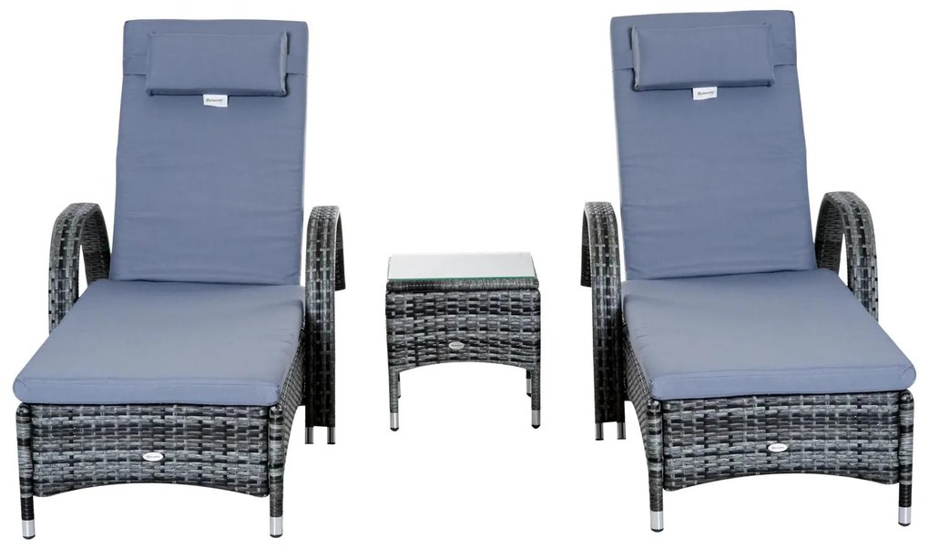 Outsunny Conjunto de 2 Espreguiçadeiras com Mesa de Vime Chaise Longue Almofadas Acolchoadas para Jardim Cinza | Aosom Portugal