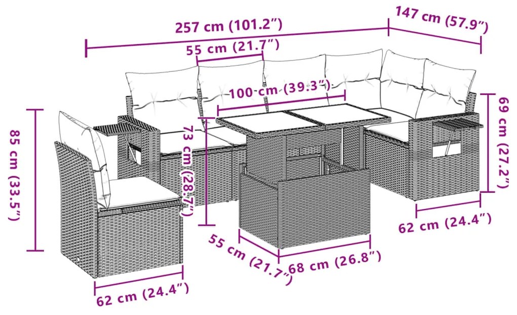 7 pcs conjunto de sofás jardim c/ almofadões vime PE castanho