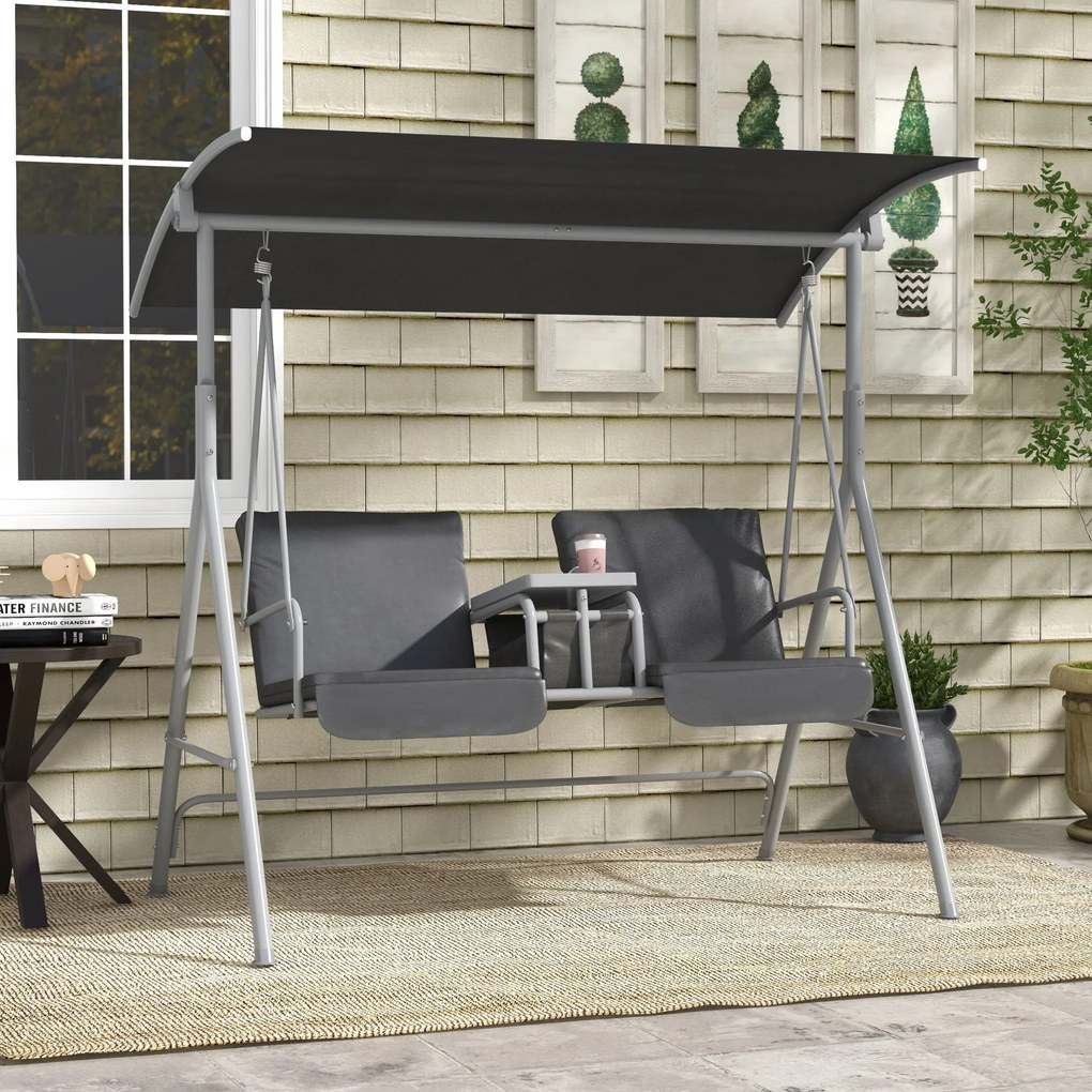Baloiço de jardim de 2 lugares com toldo inclinável, tabuleiro central e 2 suportes para copos – 175 x 112 x 158 cm – cinzento