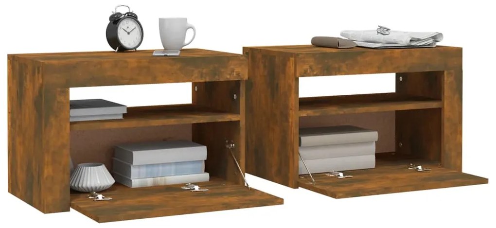 Mesas cabeceira c/ LEDs 2 pcs 60x35x40 cm carvalho fumado