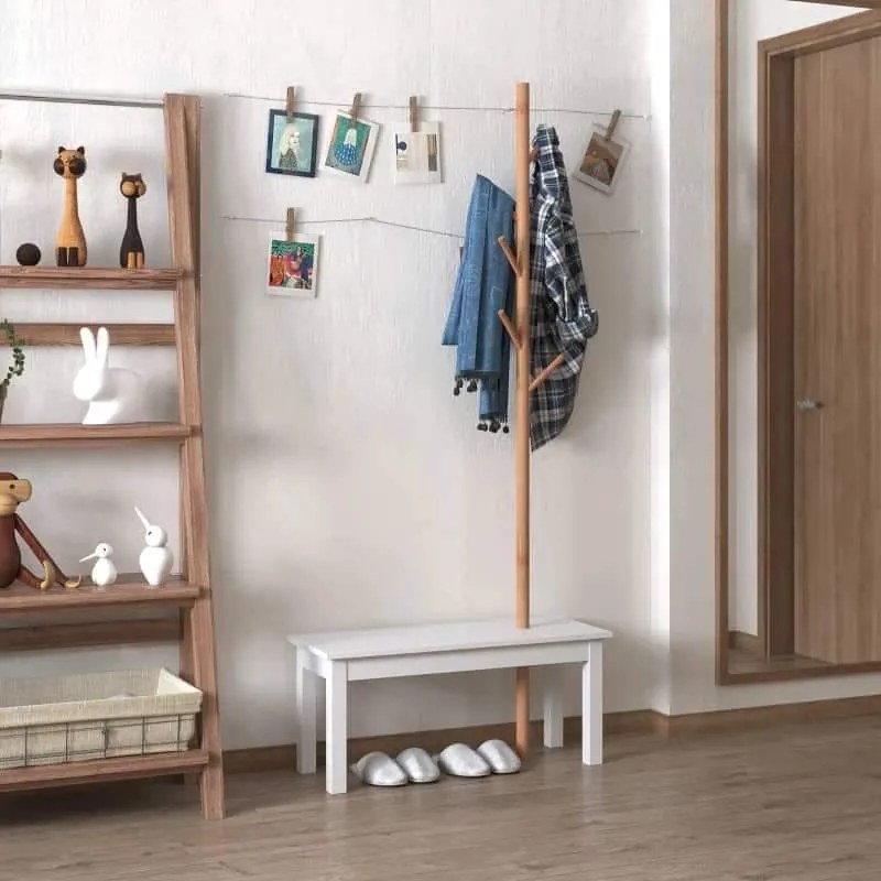 Cabide de Pé Sitten com Banco Integrado – 80x30x180 cm – Bambu e Branc