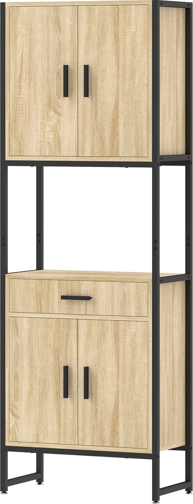 HOMCOM Buffet Alto de Cozinha, Armário de Cozinha, 4 Portas com Fecho Suave, Gaveta, Bancada, 60x30x170cm, Madeira Natural | Aosom Portugal