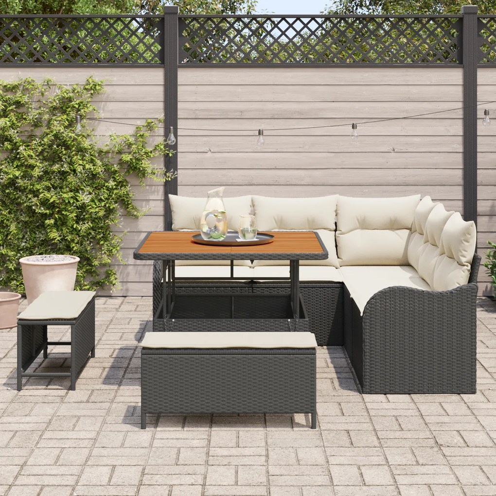 Conjunto de Sofá Jardim 8 Peças com Almofadas Preto Rattan Poliéster A