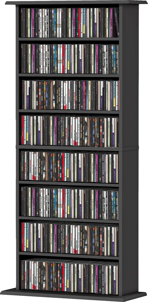 Organizador para CD e DVD com 8 compartimentos e 6 prateleiras ajustáveis, capacidade máxima de 360 CD/185 DVD e Blu-ray, preto
