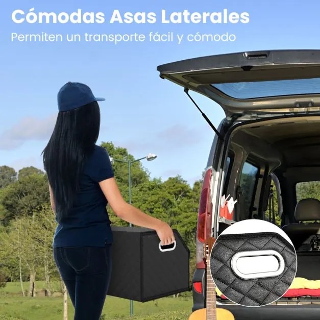 Organizador dobrável 30 x 47 x 27,5 cm para porta-malas de carros 35L com tampa acolchoada em couro e divisória ajustável Preta