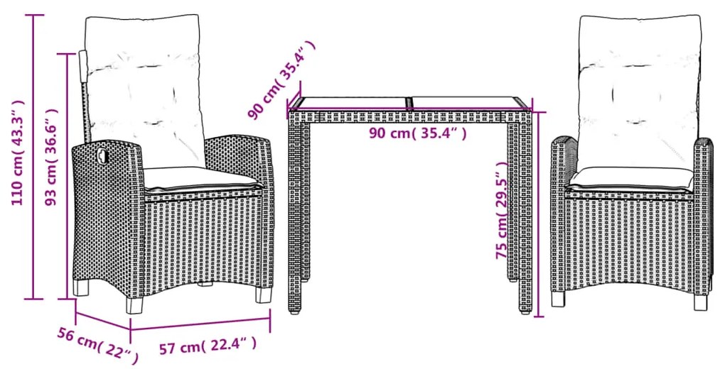 3 pcs conjunto de jantar p/ jardim c/ almofadões vime PE cinza