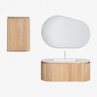 Conjunto De Móvel De Casa De Banho Suspenso Em Madeira Com Lavatório Integrado Carsone Madeira Natural & Madeira Natural & Oval Led E Anti-embaciament