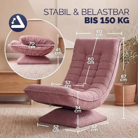 Poltrona Aberdeen em veludo cotelê, ajustável em 5 posições, giratória a 360°, dobrável rosa